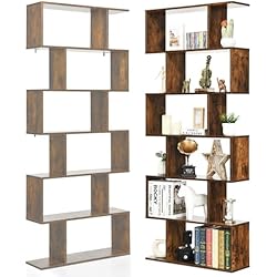 Escaleras Corredizas Para Estanterias HOMASIS Librería de pie con 6 Niveles, estantería de Oficina de Madera, librería Multifuncional de Pared con diseño antivuelco, estantería de Oficina en Forma de S, 80 x 23 x 191cm (Marrón)