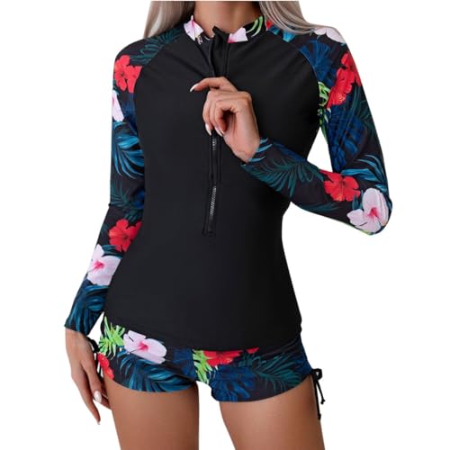Maillot de bain rashguard manches longues femme ensemble deux pièces zippé avec short