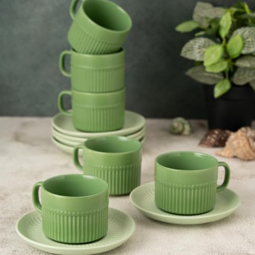 Image of Clay Craft Fine Ceramic Crimson Green Cups & Saucer, Set of 12, Cups for Tea & Coffee, Gift Set, Elegant Design for Home and Kitchen and Can Be Gifted to Your Loved Ones On Any Occassions