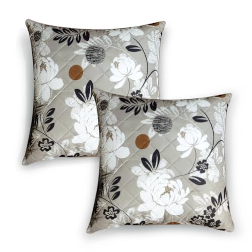 Image of HOKIPO 'Elira Series' Printed Quilted Cushion Cover for Sofa 16x16 Inches, Set of 2, Feather Brown Floral (AR-6231-C1*2)