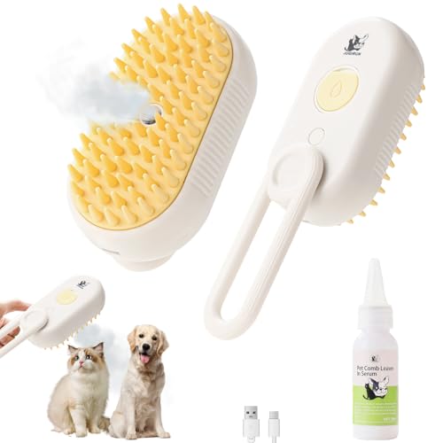Cat Steam Brush for Shedding-4 in1 Upgraded Deshedding Brush for Cats and Dogs-Includes Waterless Shampoo-Deshedding,Massage,Spray Cleaning,Anti-Static-Suitable for Long & Short Haired Pets-Yelow