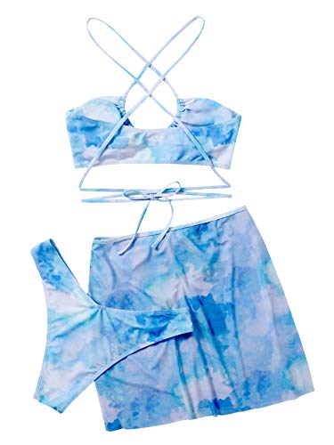 Romwe Women's 3 Pack Tie Dye Criss Cross Halter Cheeky Bikini Swimsuit With Beach Skirt Blue M #TOP1