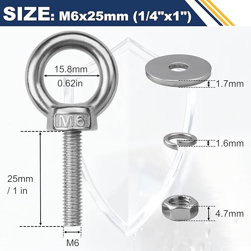 Image of 24 Pack M6 Stainless Steel Eye Bolts with Nuts, 1 /4 inch x 1 inch Eye Bolts | 304 Stainless Steel Eye Bolt,Eye Bolts Heavy Duty for Hang Tie Down Outdoor,m6 eye bolt,Long Lifting Ring Eye Bolt