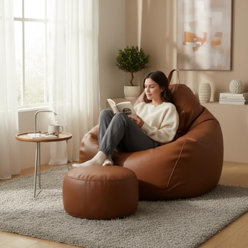 Image of KAM'S LIEU 6XL Jumbo Premium Bean Bag Chair with Footrest & Cushion | Filled with High Density EPS Beans | Comfortable Sofa for Living Room & Bedroom | 6 Months Warranty, Color- (TAN, 6XL, Premium)