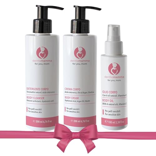 DERMOMMA Trío Corporal - Limpiador, Crema, Aceite, Tratamiento Completo Preventivo de Estrías, para Embarazo y Lactancia, Hidratante y Elastificante, Dermatológicamente testado en Pieles Sensibles.