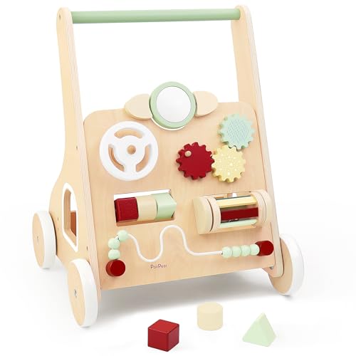 Image of PairPear Wooden Sit-to-Stand Baby Walker & Activity Cart, Rubber-Tread Wheels, Busy Board Learning Toys, Toy-Storage Montessori Push Walker for Boys & Girls 12 m+ - Sage Green