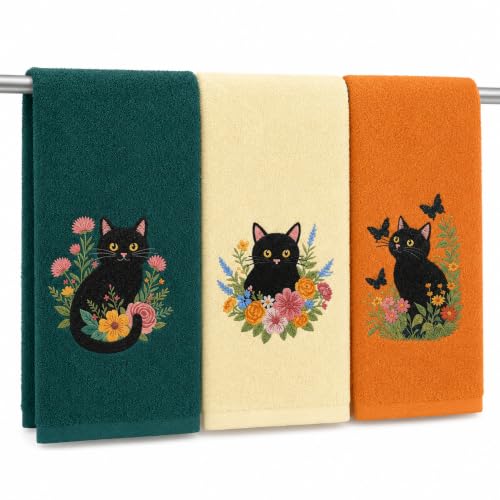 Hillsuren 3 Pcs Black Cat Towels Funny Cotton Embroidered Hand Towels Cute Bathroom Decor Rustic Farmhouse Spring Gift for Home Bathroom Kitchen 13.4 x 29 Inch (Green Yellow Orange Floral Cat)