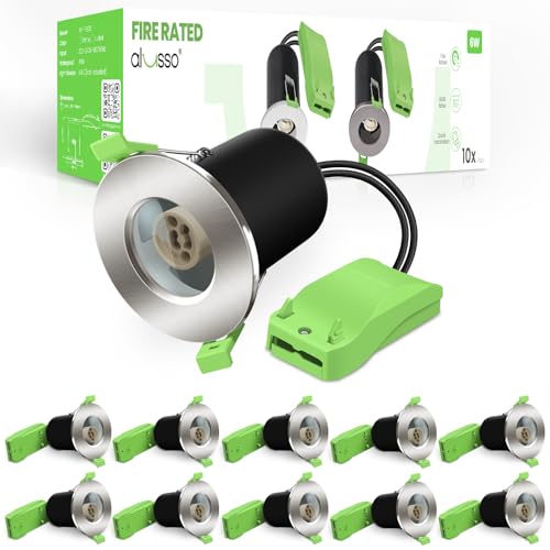 ALUSSO LED Fire Rated Downlight Can GU10 Recessed Ceiling, Twist & Lock Downlight IP65 Waterproof Spotlight, Face Ring with Glass Stopper, for Bathroom, Kitchen, Nickel, 10pack (Not Included Bulb)