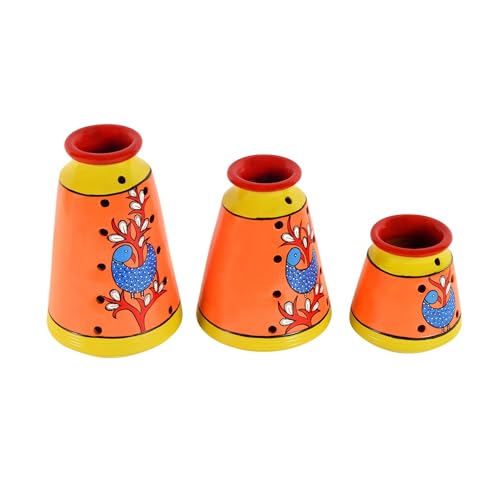 Image of Aakriti Art Creations Dancing Peacock Terracotta Vase Set of 3 | Handmade Multicolor Madhubani Art Flower Vases | Matte Finish Decorative Vases for Living Room, Table Decor & Gifting