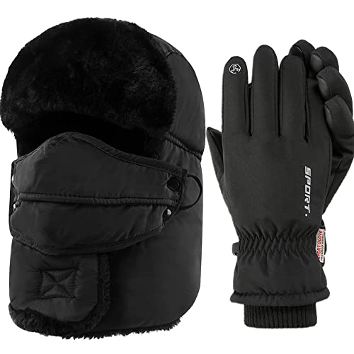 Nicexx Winter Trapper Hats and Gloves for Men Russian Ushanka Hats Warm Bomber Hat for Skiing Hunting Camping Outdoor Activities Dark Black