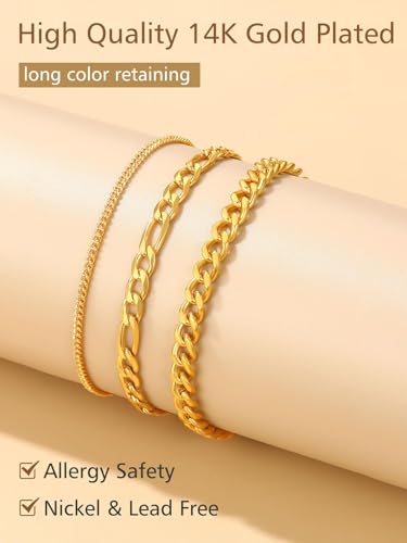 Image of FindChic Black /Silver /Gold Plated Anklets Set of 2PCS /3PCS Herringbone Chain Cuban Link Heart Charm Sparkling Tennis Ankle Bracelets, Waterproof Summer Foot Jewelry for Beach