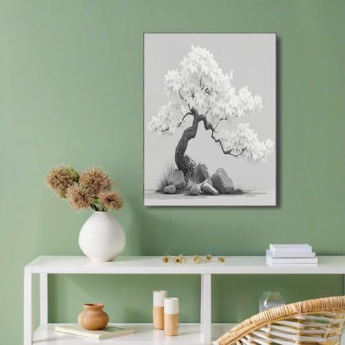 Tableau bonsaï arqué gris clair pour salon moderne : une décoration murale zen en 70x100cm.