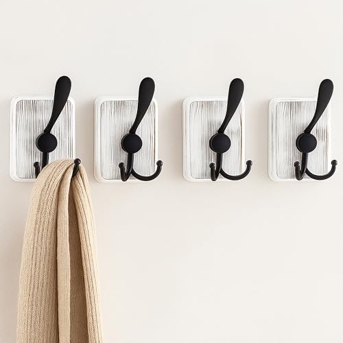 RVXHUA Wood Wall Hooks - 4-Pack Pine Coat Rack, Wall Mounted or Adhesive for Entryway, Mudroom, Bathroom - Farmhouse Decorative Pine Hangers for Towels, Hats, Keys, Purses, Bags, and Robes (White)