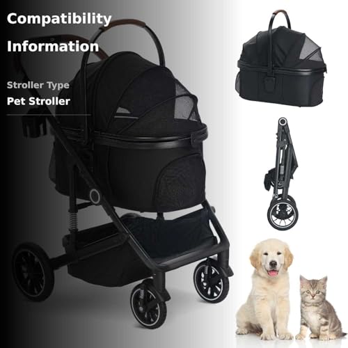 TODEFULL Pet Stroller with 4 Wheels, 3 IN 1 Folding Puppy Strollers for Small/Medium Dogs Cats up to 50lbs, Lightweight Pet Travel Carrier with Detachable Cushion, Storage Basket and Cup Holder, Black - Thumbnail 5