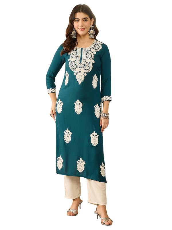Image of Vaamsi Women's Viscose Rayon Solid Embroidered Straight Kurta | Chikankari Kurta for Women