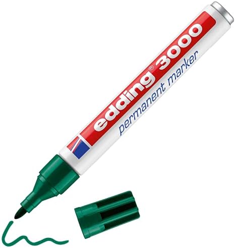 edding 3000 permanent marker - red, blue, green, yellow, black - set of 5 basic colours - round nib - quick-drying permanent marker - waterproof - for cardboard, plastic, wood, metal, glass