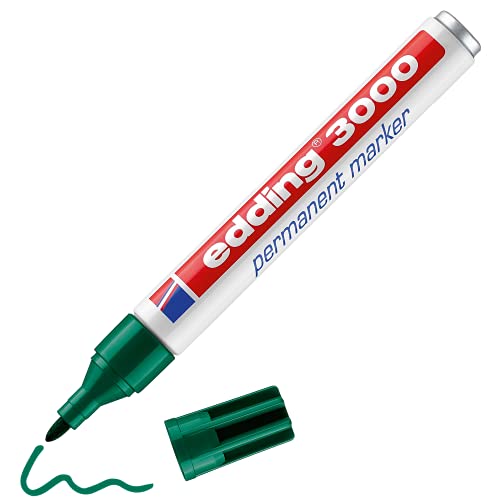 edding 3000 marcador permanente - verde - 1 rotulador - punta redonda 1,5-3 mm - indeleble de secado rápido - resistente al agua y a los borrones - cartón, plástico, madera, metal, tela - universal