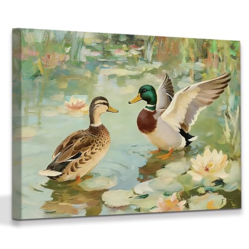 ACIYQHI Vintage Animal Wall Art Canvas Prints Green Bathroom Wall Decor,Mallard Duck Framed Posters Farmhouse Washroom Living Room Horizontal Decorations 12x16 Inch-1Pcs by ACIYQHI - Used condition - US$20.81