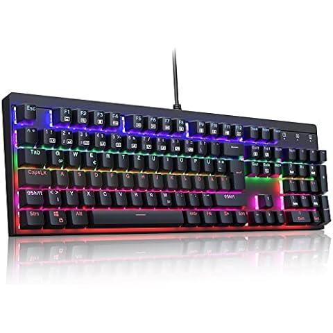 Mechanische Gaming Tastatur, QWERTZ Tastatur (German Layout) mit Blaue Schalter für PC Gamer und Arbeits, 105 Tasten Kabelgebundene Tastatur, ABS-Tastaturabdeckung und Stahlgehäuse, 6 LED-Farbmodi Cover