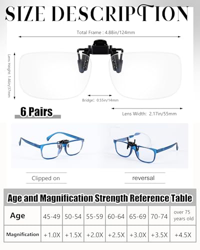 Copkim 6 Pairs Clip on Reading Glasses Flip up Magnifying Clip on Lens Blue Light Blocking Non Prescription Reading Glasses(1.5 X)