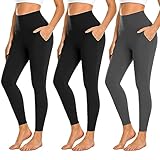 NEW YOUNG 3 Pack Leggings with Pockets for Women,High Waisted Tummy Control Workout Yoga Pants(3 Pack-Black/Black/Grey,Small-Medium)