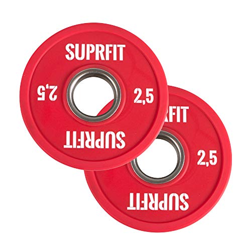 Suprfit Mini PU Bumper Plates - gummiertes Hantelscheiben Paar für Techniktraining mit der Hantelstange, Gewicht: 2 x 2,5 kg, Stahlring mit 50 mm Durchmesser, Farbe: Rot Cover