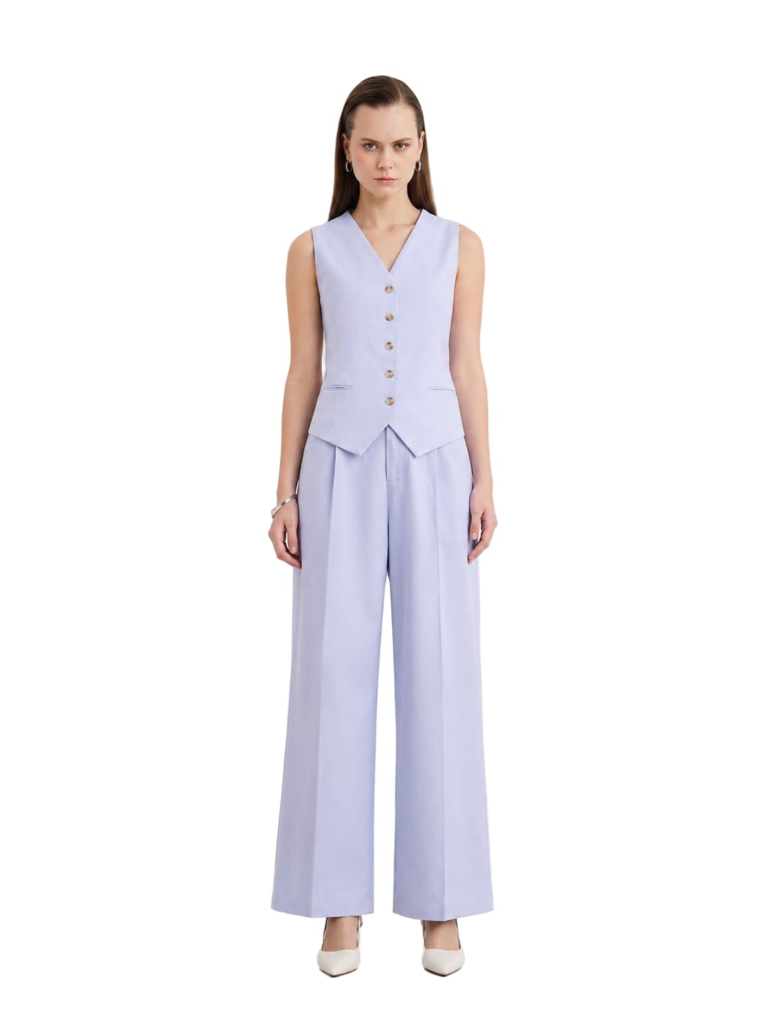 fablestreet Women Co-ord Set Formal | Tailored Fit V-Neck Sleeveless Waistcoat & Wide-Leg Trousers Solid Pattern | Cotton Linen Fabric for Workwear & Business Meetings-picture-12
