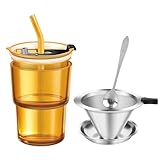 NANSPATH 380ml Single-Serve Full Immersion Coffee Brewer, Thick Glass Brewing Cup with Reusable 600-Mesh Stainless Steel Filter, Portable Hot Brew Maker with Lid, Straw & Stirring Spoon(Amber)