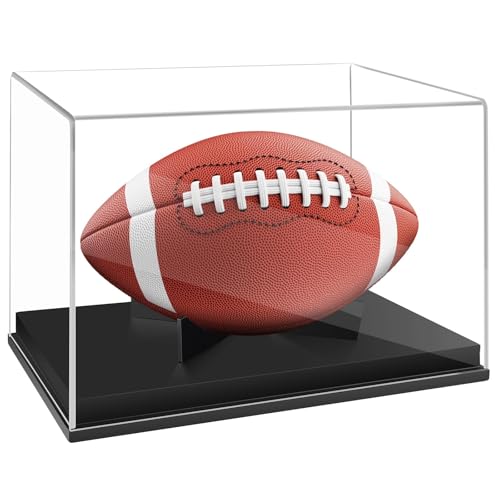 Football Display Case with Black Solid Wood Base Clear Acrylic Football Holder Display Box for Autographed Football Full Size Football Memorabilia Showcase