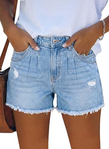 Image of onlypuff Womens Jean Short Cut Off Denim Shorts High Waist Ripped Distressed Stretchy