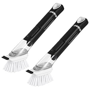 SUBEKYU Dish Brushes with Soap Dispenser, Kitchen Dish Scrubber Brushes with Handle, Dishwashing Cleaning Scrubbers for Dishes/Pans/Pots, Black, 2Pack