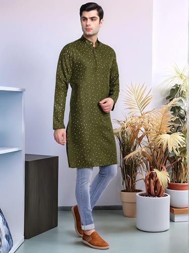 Image of SKAVIJ Mens Cotton Long Sleeve Tunic Printed Kurta