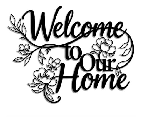 Cevior 13.7 in*11.4 in Welcome to Our Home Metal Sign Wall Decor, Floral Wall Art with Black Text, Indoor Outdoor Decor for Living Room, Dining Room, Housewarming & New Home Gift