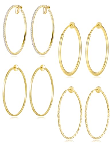 4 pares de aretes de aro clip on para mujer 40mm