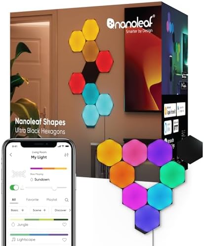 Nanoleaf Shapes Ultra Black Hexagons, Mehrfarbig (RGBW), Kit de Inicio de 9, 9, Kit de Inicio de 9 (Hexagon)
