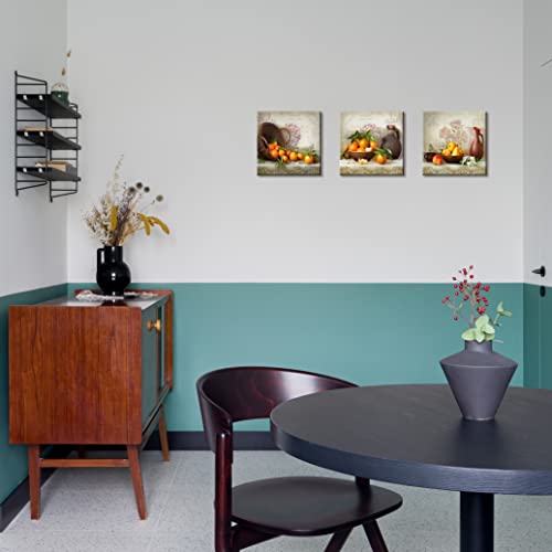 Fruits Canvas Wall Art, Oranges In Basket Pears In Bowl Vintage Picture, Flowers On Talbe Retro Painting, Perfect Combination Of Antiques And Fine Art Home Decor For Kitchen Dining Room (Waterproof) #TOP5