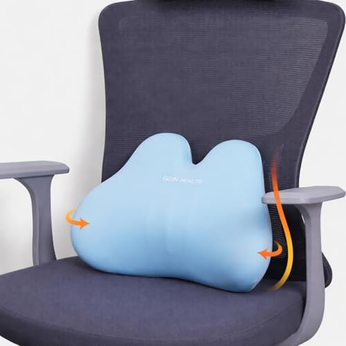 Image of Grin Health Mini Back Cushion Lumbar Support Pillow, Blue | Memory Foam, Compact Portable, For Car Seat /Office Chair /Travel, Lower Back Support