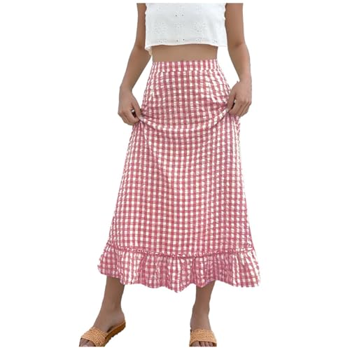 Women's Plaid Maxi Skirts A-Line Ruffle Hem Layer Y2k Flowy Casual Long Skirts Fashion High Waisted Gingham Skirt Red