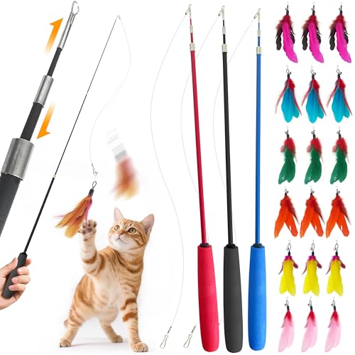 LEKEWPET Interactive Cat Wand Toys, 3PCS Retractable Teaser Wands with 18PCS Cat Feather Toys for Indoor Cats or Kitten, Fishing Pole Cat Toys for Kitty Fun Game Play & Exercise