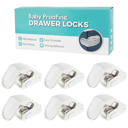 6-Pack Drawer Locks Baby Proofing, Maveek 90° Right Angle Lock For Bedside Corner Nightstand Drawer Cabinet Kitchen Cupboard Dresser Pull-out Drawers, Furniture Latch For 0-12 Month Toddler (6 White)