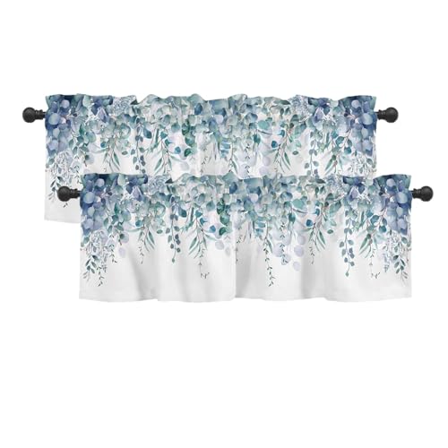 2 Pack Blue Eucalyptus Window Valance Curtains Watercolor Leaves Window