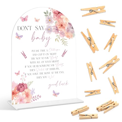 Baby Shower Games - Baby in Bloom Don't Say Baby Clothespin Game, 1 Sign and 50 Mini Clothespins, Gender Reveal Game, Floral Baby Shower Decoration Supplies (ARI04)