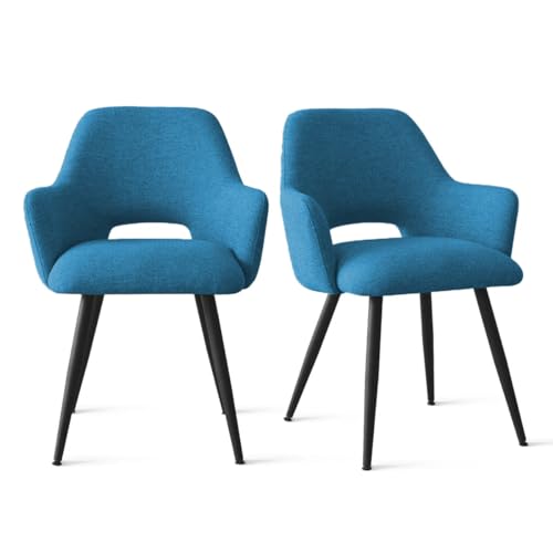 Image of Finch Fox Motel Luxurious Home Collection Upholstery Fabric Arm Dining Room Chairs in Blue Color with Black Metal Powder Coated Legs (Set of 2)