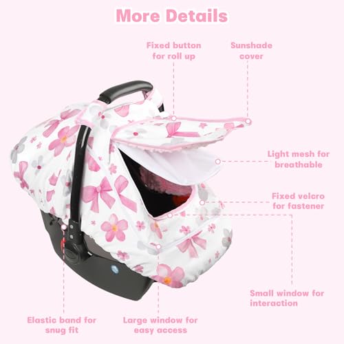 Hooyax Baby Car Seat Cover with Dual Zipper, Extra Large Mesh Window Carseat Canopy, All-Season Weather Protection for Infant Car Seats & Strollers (Pink Bow) by Hooyax - Image 7