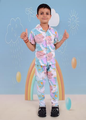 Image of 3BROS Unisex Pure Cotton Short Sleeve Kids Night Dress for Boys & Girls Nightwear /Sleepsuit /Sleepwear /Loungewear Night Suit for Boys and Girls Top and Pyjama Combo Set | JB20HS6031-Parent