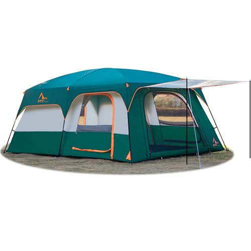 KTT Extra Large Tent 12-14 Person,Family Cabin Tents,2 Rooms,3 Doors and 3 Windows with Mesh,Straight Wall,Waterproof,Double Layer,Big Tent for Outdoor,Picnic,Camping,Family Gathering(Green)