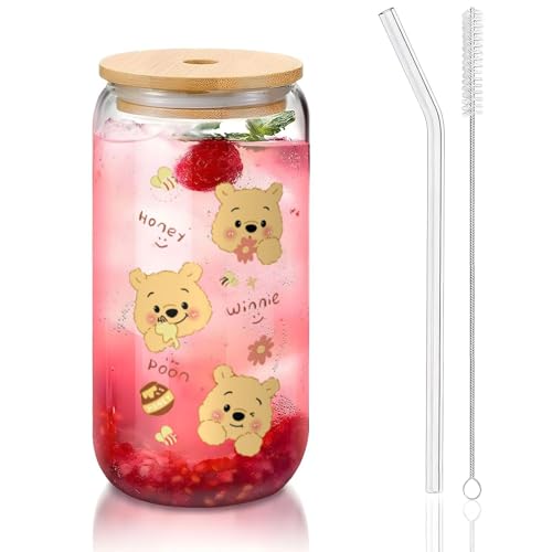 ガラスコップ ステッカー くまのプーさんグラスカップ タンブラー 木製のふた付き マグカップ ドリンクコップ コーヒーカップ 耐熱 ビールグラス ジョッキ DIY 450ml