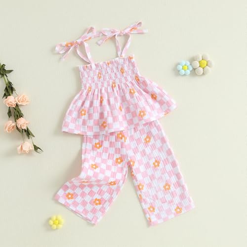 Image of Thorn Tree Toddler Girl Clothes Plaid Printed Sleeveless Pleated Camisole Linen Pants Set Baby Summer Outfits