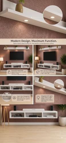 Image of Bros Moon Wall Mounted TV Cabinet Parallel Rooftop Model, Frosty White, pre-Laminated, Wood, for Living Room, Suits TV up to 55 Inches (Frosty White, Rooftop 48 Inches Base with Light)