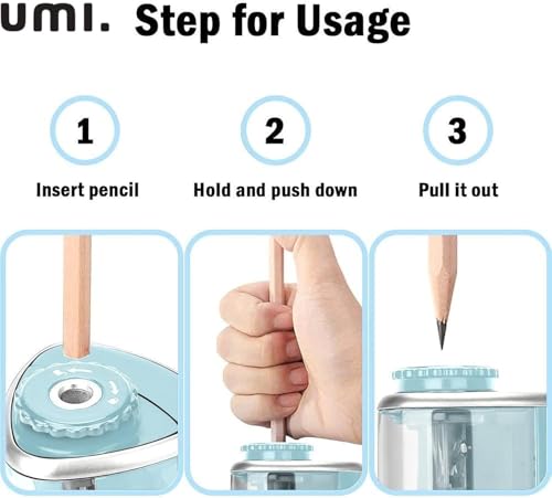 Image of Amazon Brand - Umi Electric Pencil Sharpener, Portable Battery-Powered Sharpener with Transparent Shavings Box, Fits 6-8mm Pencils, Dual Automatic & Manual Modes for School, Office, Home Use (Blue)